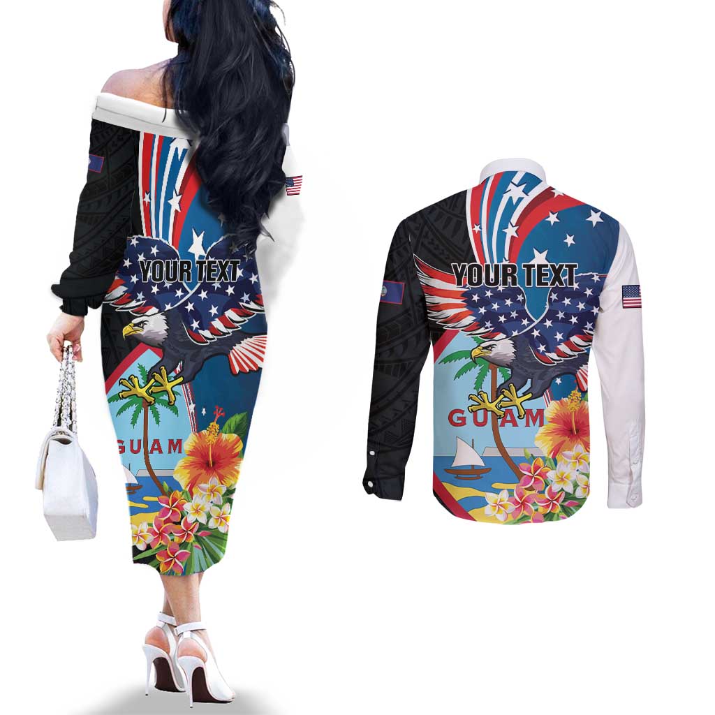 Personalized Guam Fourth of July Couples Matching Off The Shoulder Long Sleeve Dress and Long Sleeve Button Shirt Tropical Flowers