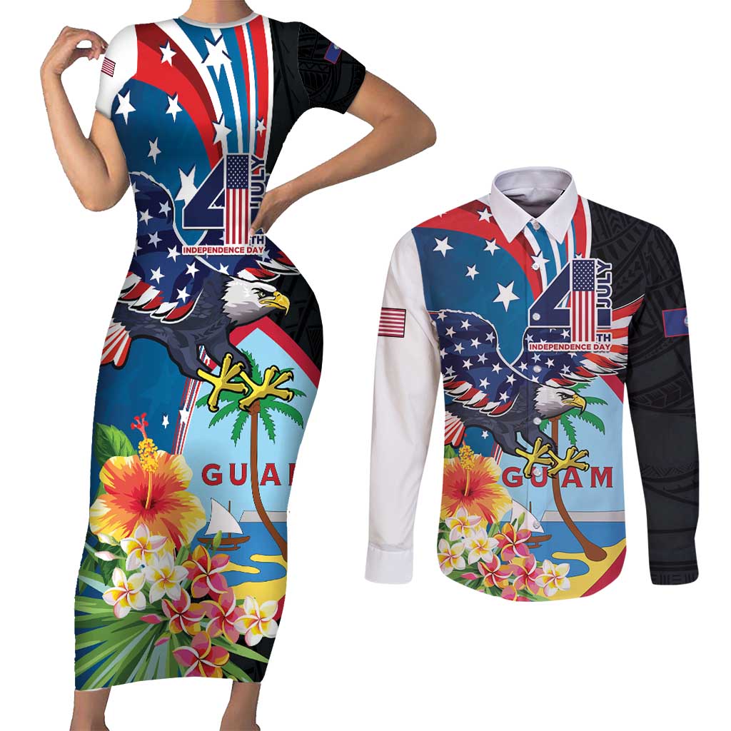 Personalized Guam Fourth of July Couples Matching Short Sleeve Bodycon Dress and Long Sleeve Button Shirt Tropical Flowers
