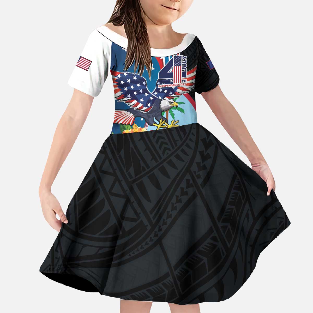 Personalized Guam Fourth of July Family Matching Off The Shoulder Long Sleeve Dress and Hawaiian Shirt Tropical Flowers