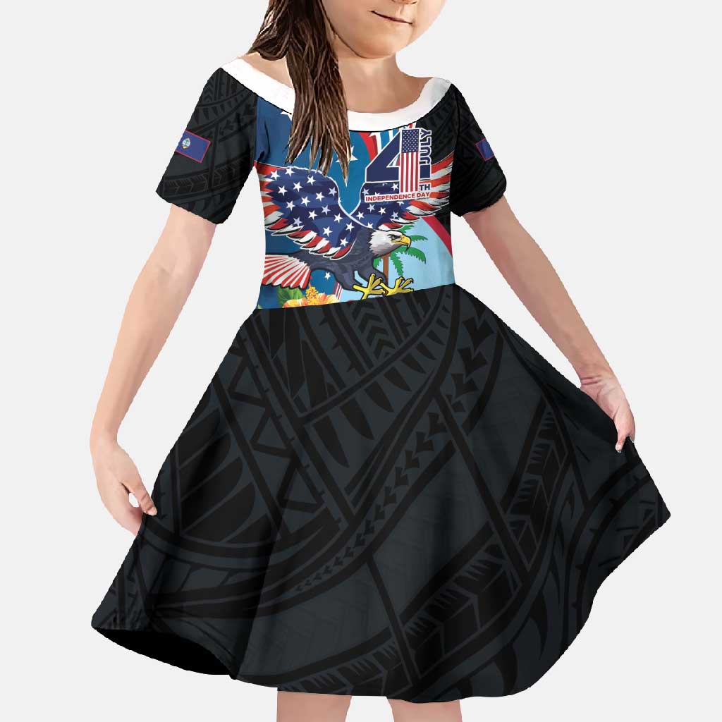 Personalized Guam Fourth of July Family Matching Off Shoulder Maxi Dress and Hawaiian Shirt Tropical Flowers LT01 Daughter's Dress Multicolor - Polynesian Pride