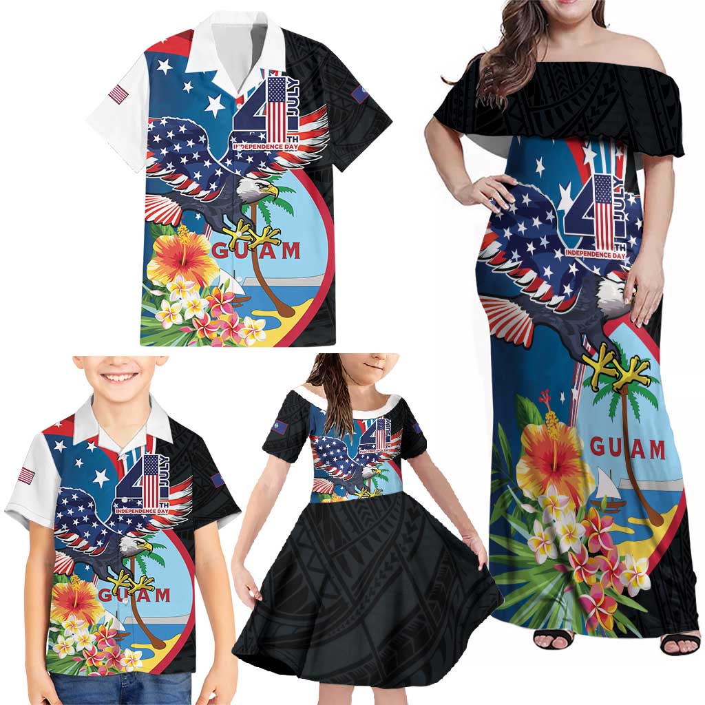 Personalized Guam Fourth of July Family Matching Off Shoulder Maxi Dress and Hawaiian Shirt Tropical Flowers