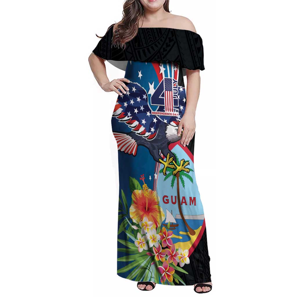 Personalized Guam Fourth of July Family Matching Off Shoulder Maxi Dress and Hawaiian Shirt Tropical Flowers LT01 Mom's Dress Multicolor - Polynesian Pride