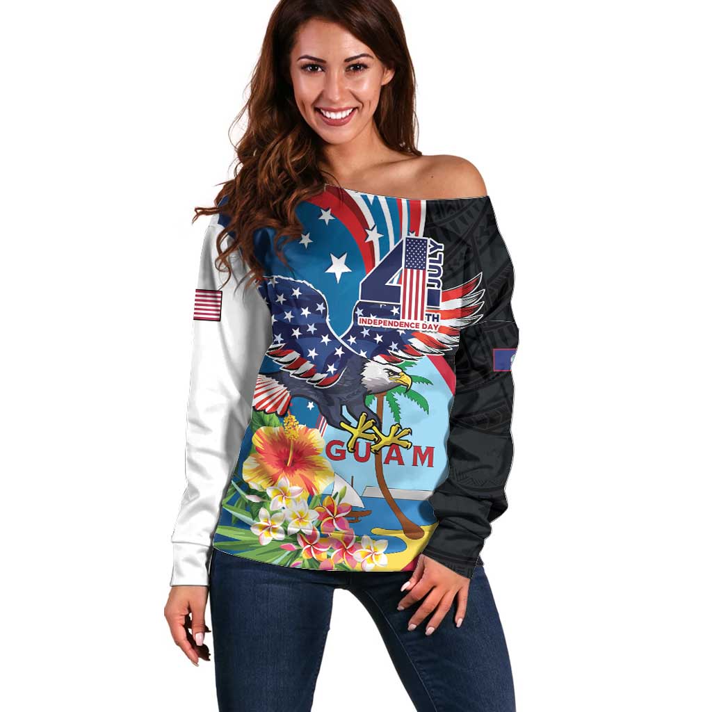 Personalized Guam Fourth of July Off Shoulder Sweater Tropical Flowers