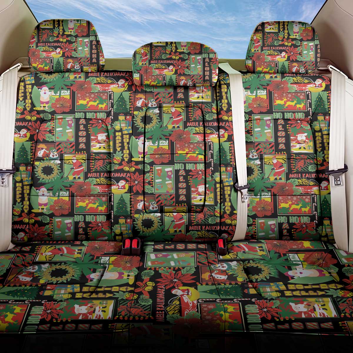 Hawaiian Santa Christmas Pattern Back Car Seat Cover Black Version LT01 One Size Red - Polynesian Pride