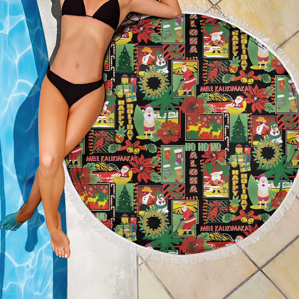 Hawaiian Santa Christmas Pattern Beach Blanket Black Version - Polynesian Pride