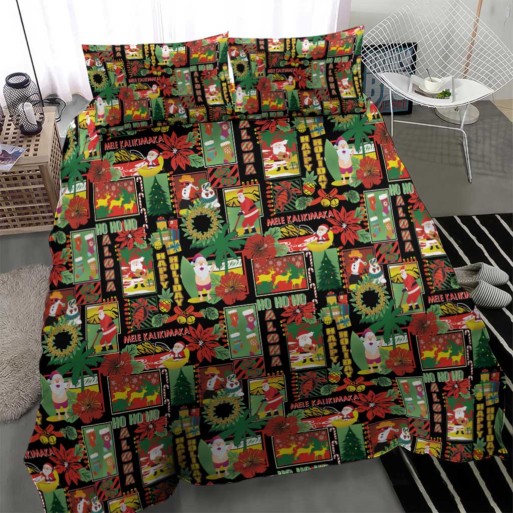 Hawaiian Santa Christmas Pattern Bedding Set Black Version - Polynesian Pride