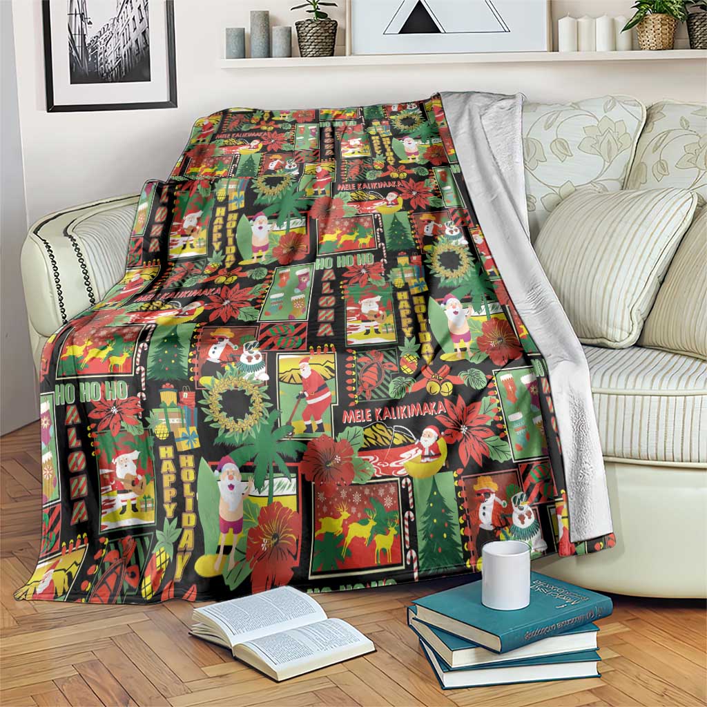 Hawaiian Santa Christmas Pattern Blanket Black Version - Polynesian Pride