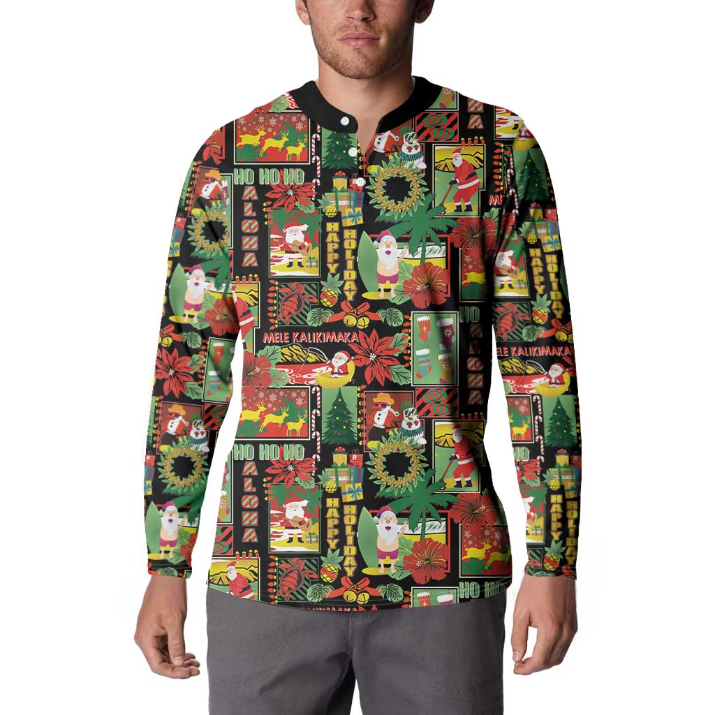 Hawaiian Santa Christmas Pattern Button Sweatshirt Black Version - Polynesian Pride
