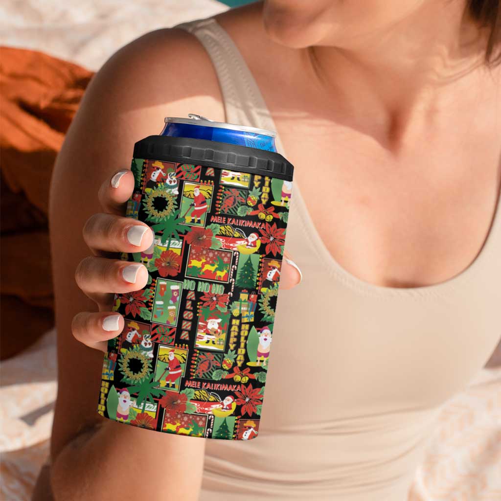 Hawaiian Santa Christmas Pattern 4 in 1 Can Cooler Tumbler Black Version - Polynesian Pride