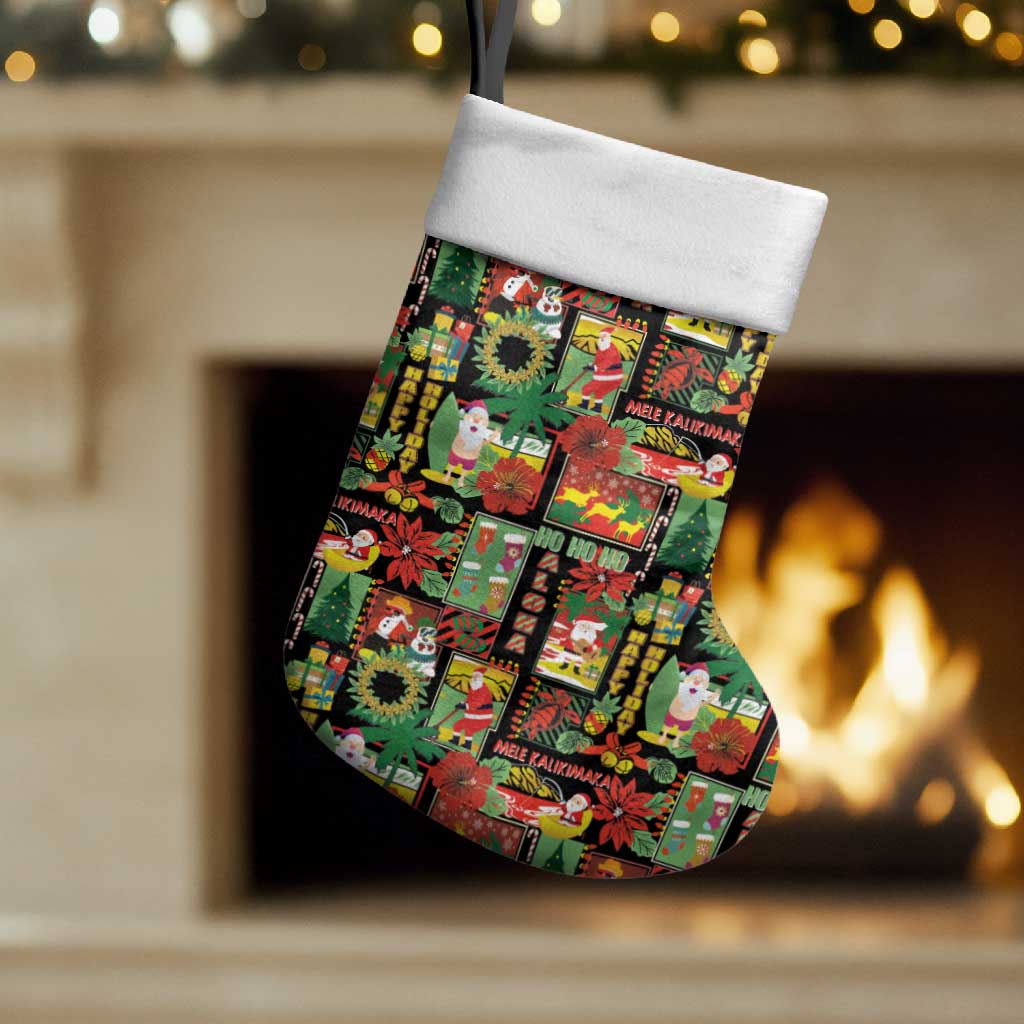 Hawaiian Santa Christmas Pattern Christmas Stocking Black Version - Polynesian Pride