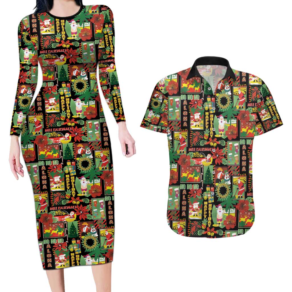 Hawaiian Santa Christmas Pattern Couples Matching Long Sleeve Bodycon Dress and Hawaiian Shirt Black Version - Polynesian Pride
