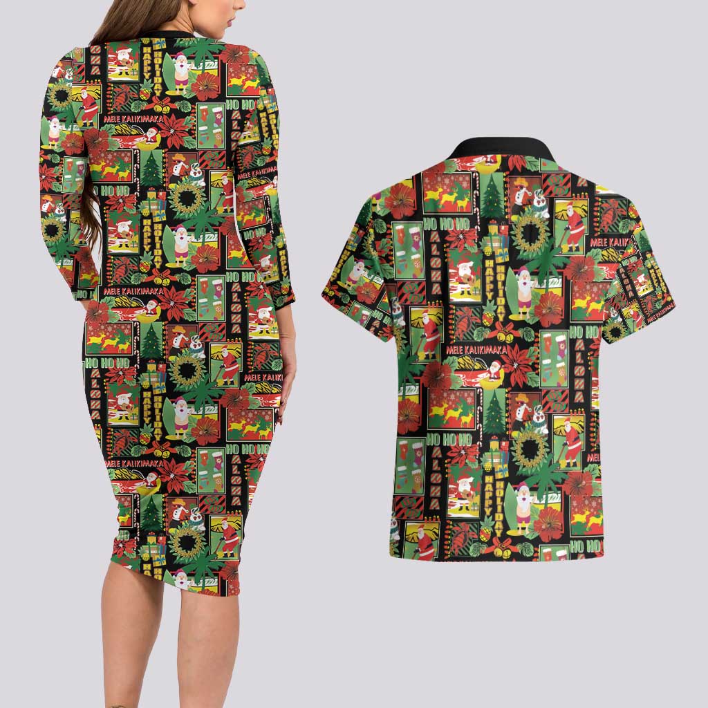 Hawaiian Santa Christmas Pattern Couples Matching Long Sleeve Bodycon Dress and Hawaiian Shirt Black Version - Polynesian Pride