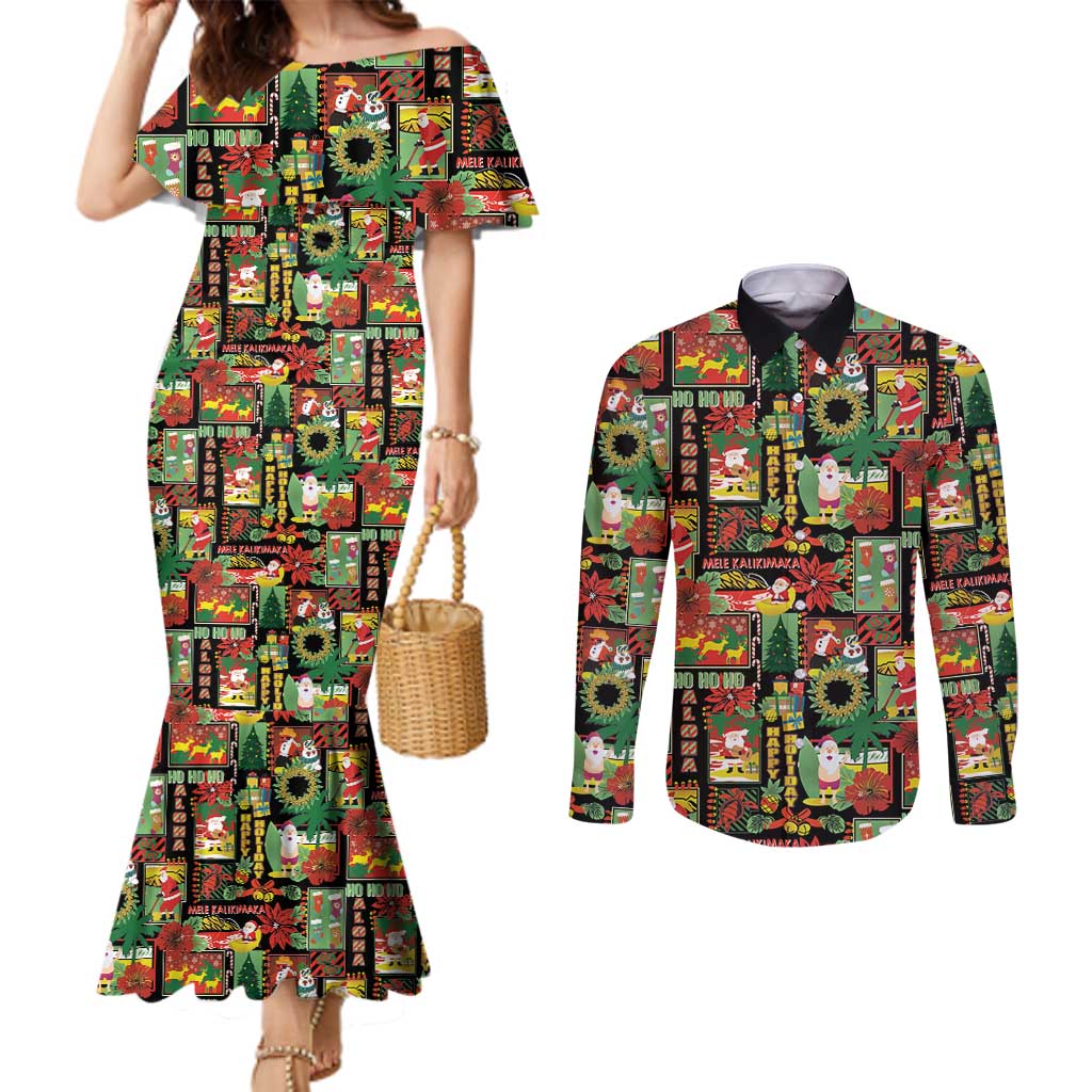 Hawaiian Santa Christmas Pattern Couples Matching Mermaid Dress and Long Sleeve Button Shirt Black Version - Polynesian Pride