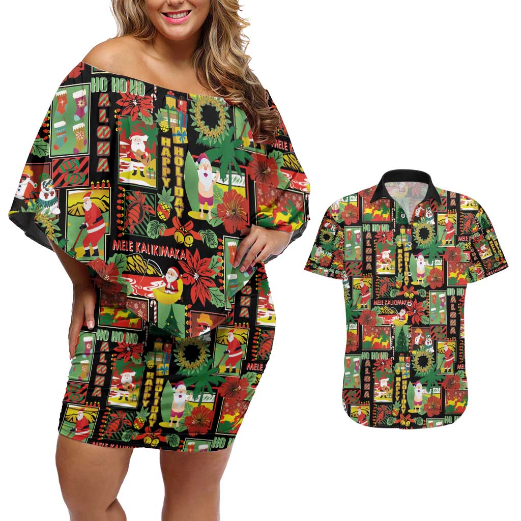 Hawaiian Santa Christmas Pattern Couples Matching Off Shoulder Short Dress and Hawaiian Shirt Black Version LT01 Red - Polynesian Pride