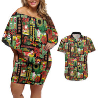 Hawaiian Santa Christmas Pattern Couples Matching Off Shoulder Short Dress and Hawaiian Shirt Black Version LT01 Red - Polynesian Pride