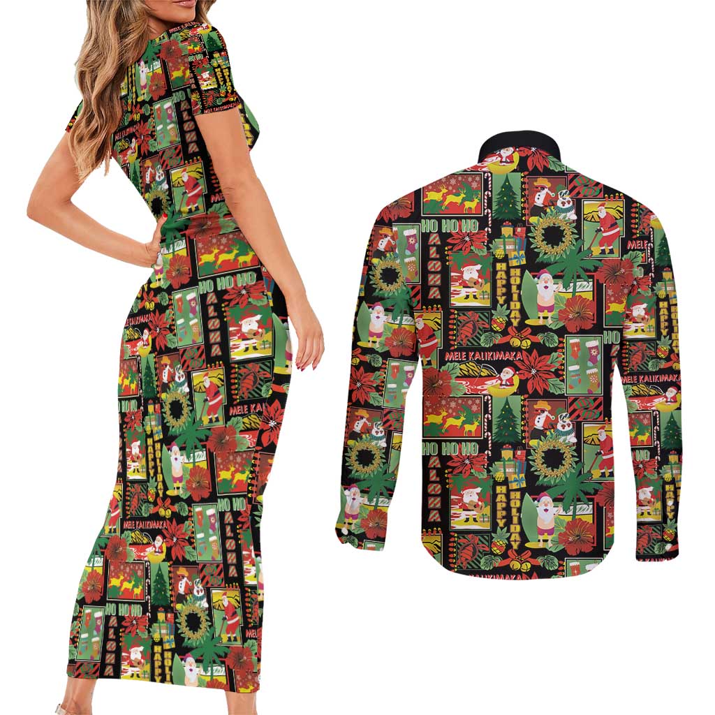 Hawaiian Santa Christmas Pattern Couples Matching Short Sleeve Bodycon Dress and Long Sleeve Button Shirt Black Version - Polynesian Pride