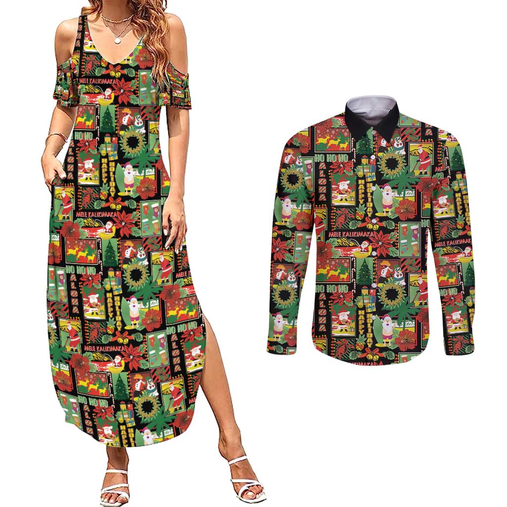 Hawaiian Santa Christmas Pattern Couples Matching Summer Maxi Dress and Long Sleeve Button Shirt Black Version LT01 Red - Polynesian Pride