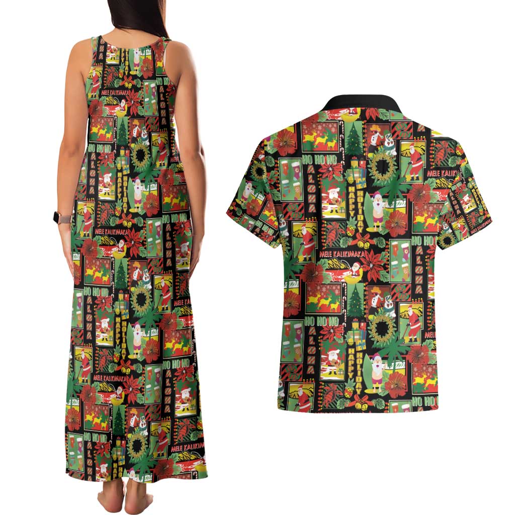 Hawaiian Santa Christmas Pattern Couples Matching Tank Maxi Dress and Hawaiian Shirt Black Version - Polynesian Pride