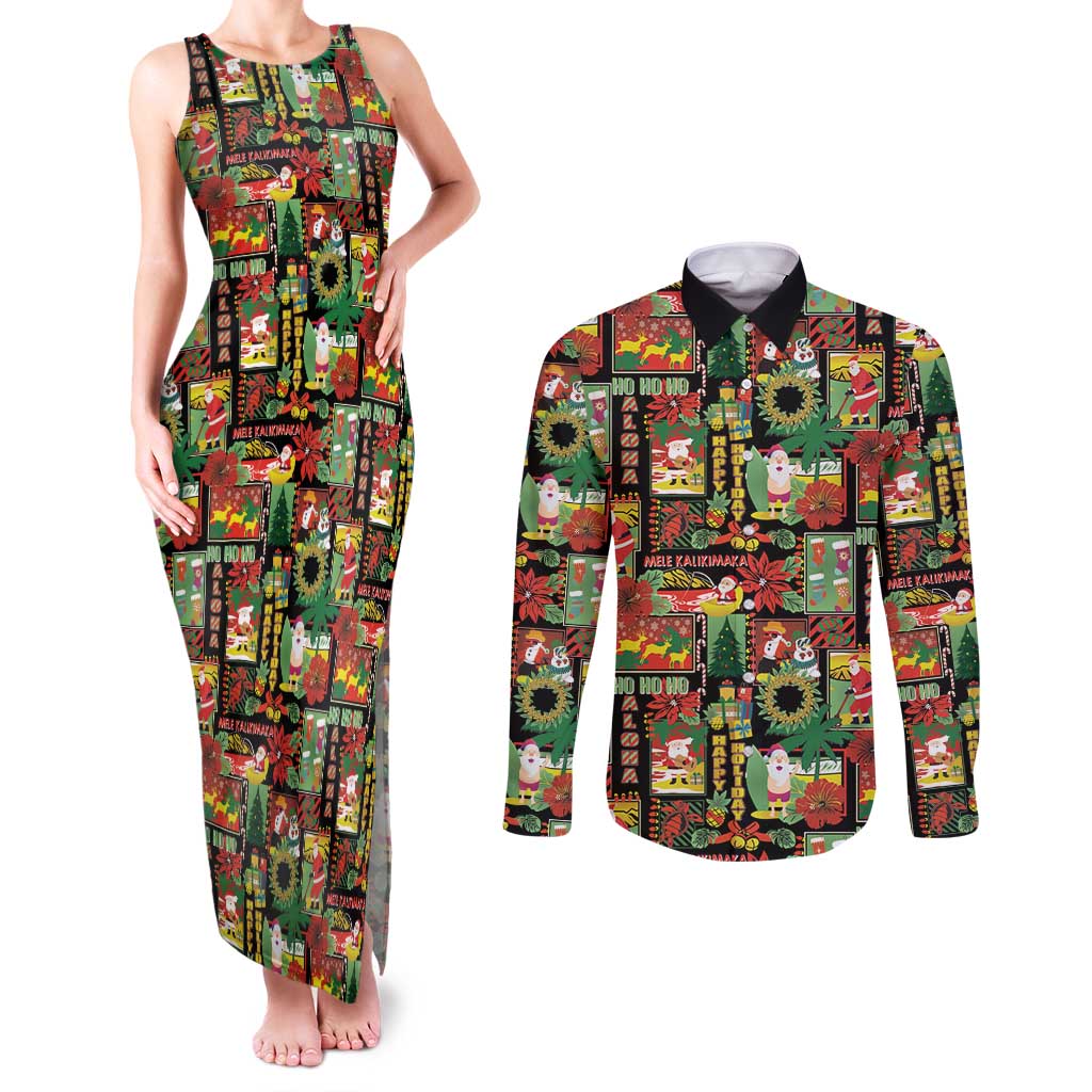 Hawaiian Santa Christmas Pattern Couples Matching Tank Maxi Dress and Long Sleeve Button Shirt Black Version LT01 Red - Polynesian Pride