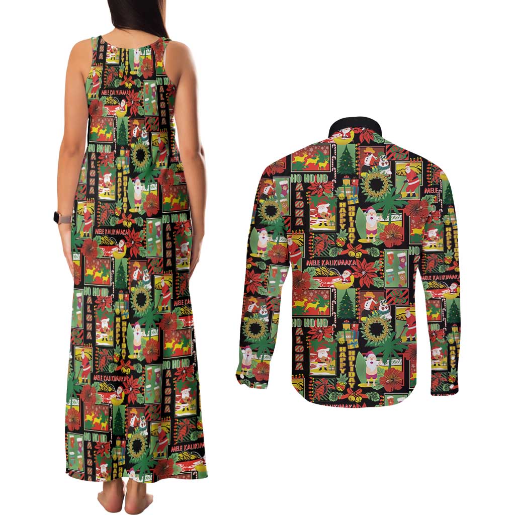 Hawaiian Santa Christmas Pattern Couples Matching Tank Maxi Dress and Long Sleeve Button Shirt Black Version LT01 - Polynesian Pride