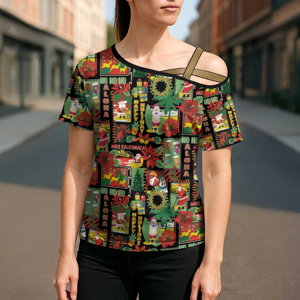 Hawaiian Santa Christmas Pattern Cross Shoulder Shirt Black Version - Polynesian Pride