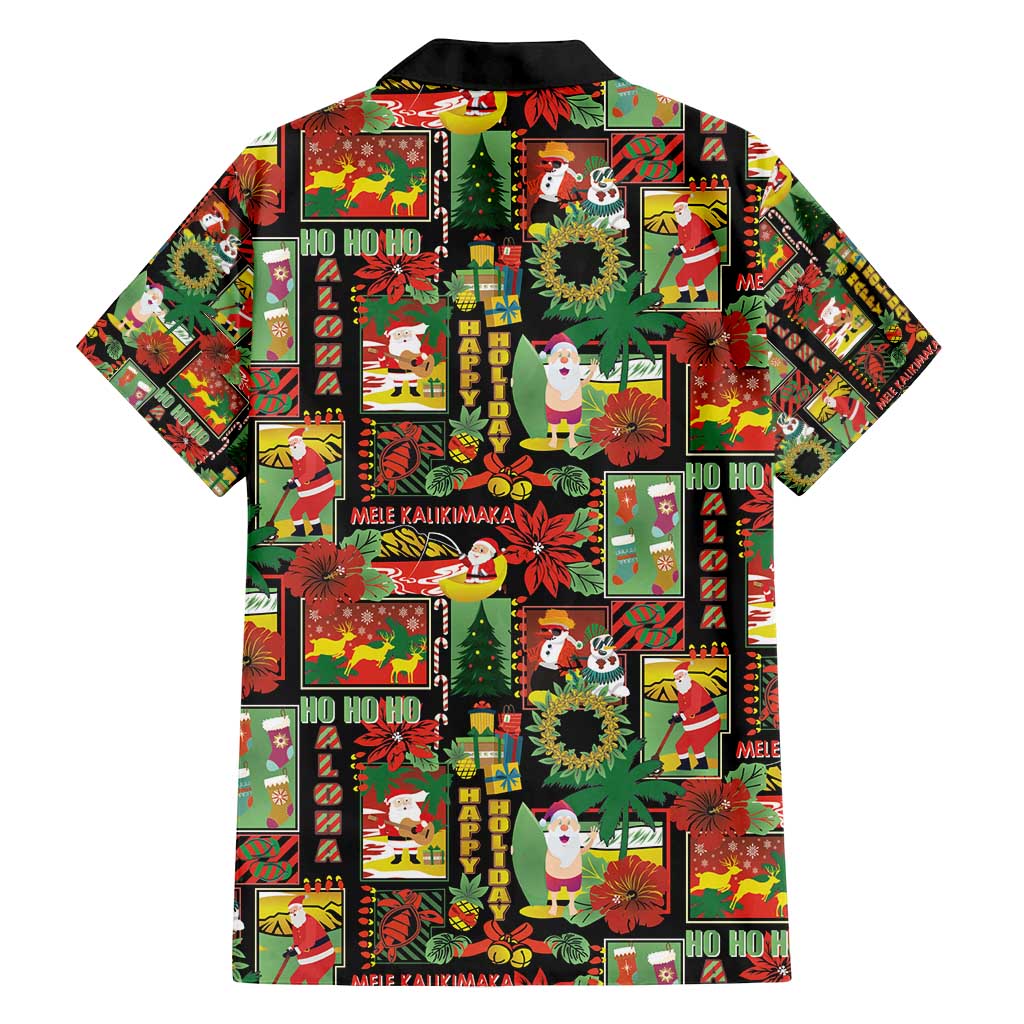 Hawaiian Santa Christmas Pattern Family Matching Long Sleeve Bodycon Dress and Hawaiian Shirt Black Version - Polynesian Pride