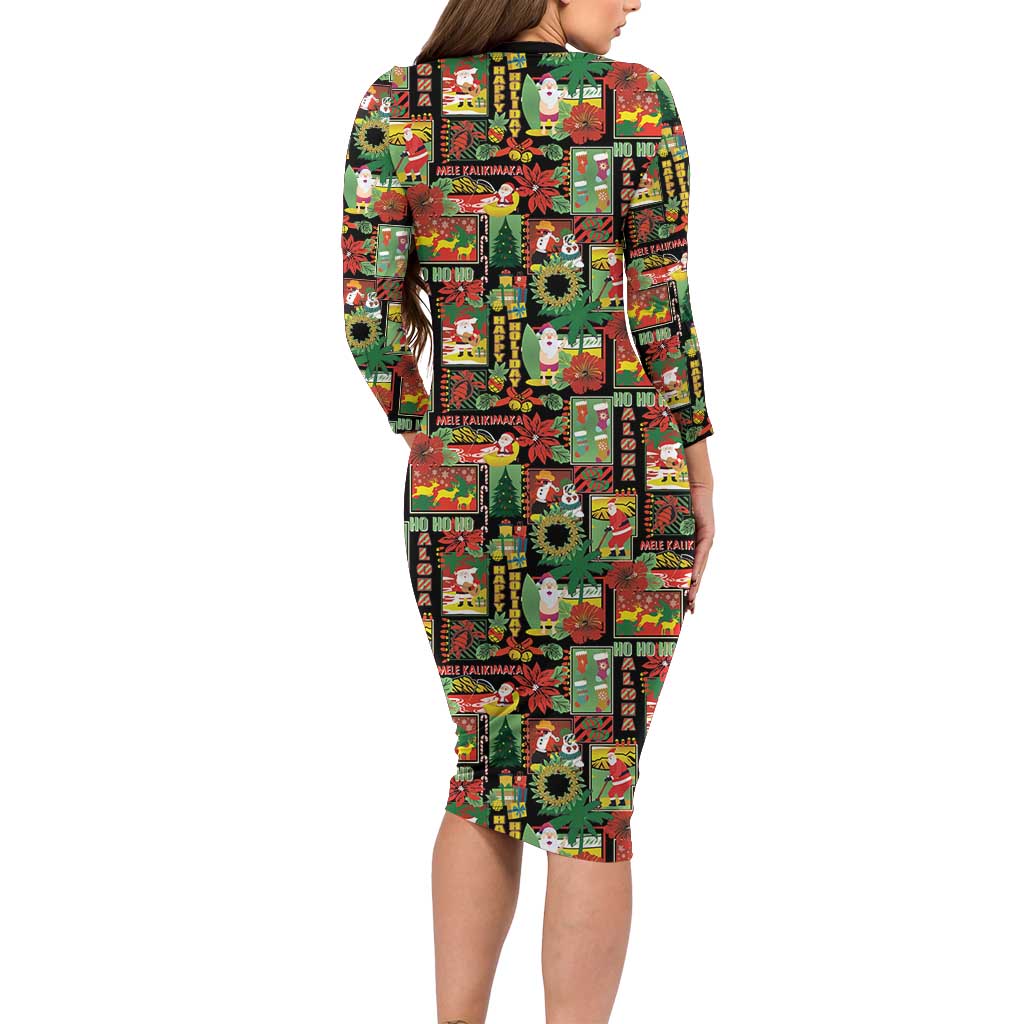Hawaiian Santa Christmas Pattern Family Matching Long Sleeve Bodycon Dress and Hawaiian Shirt Black Version - Polynesian Pride