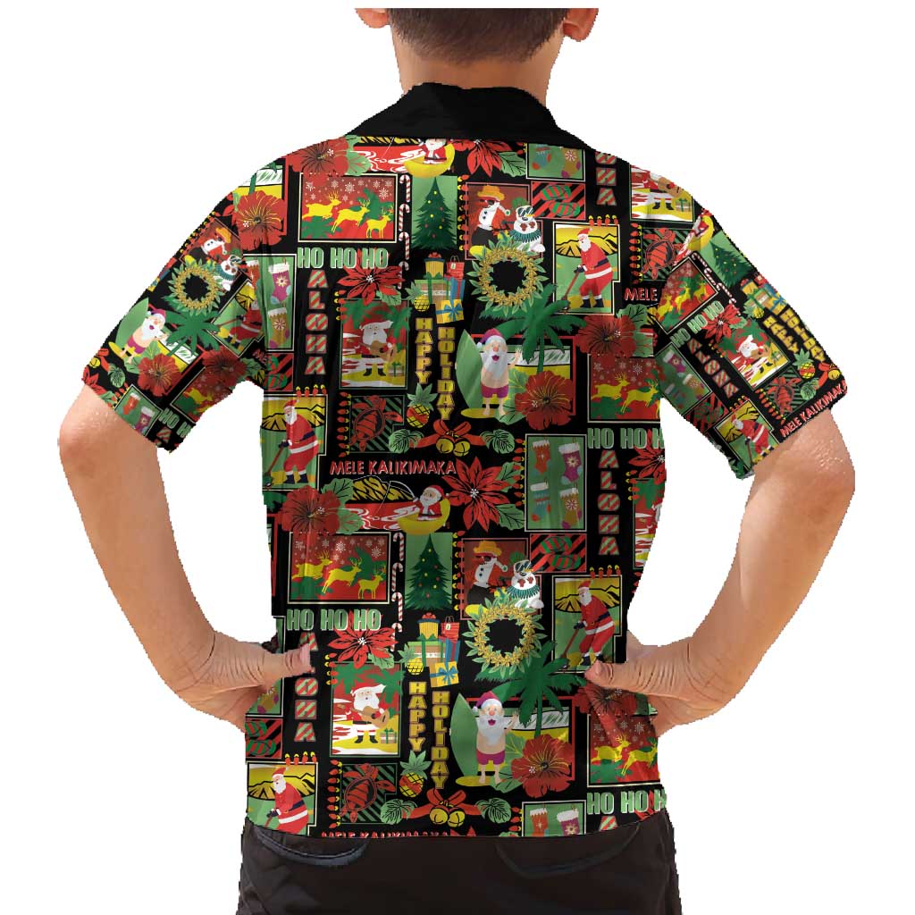 Hawaiian Santa Christmas Pattern Family Matching Mermaid Dress and Hawaiian Shirt Black Version - Polynesian Pride