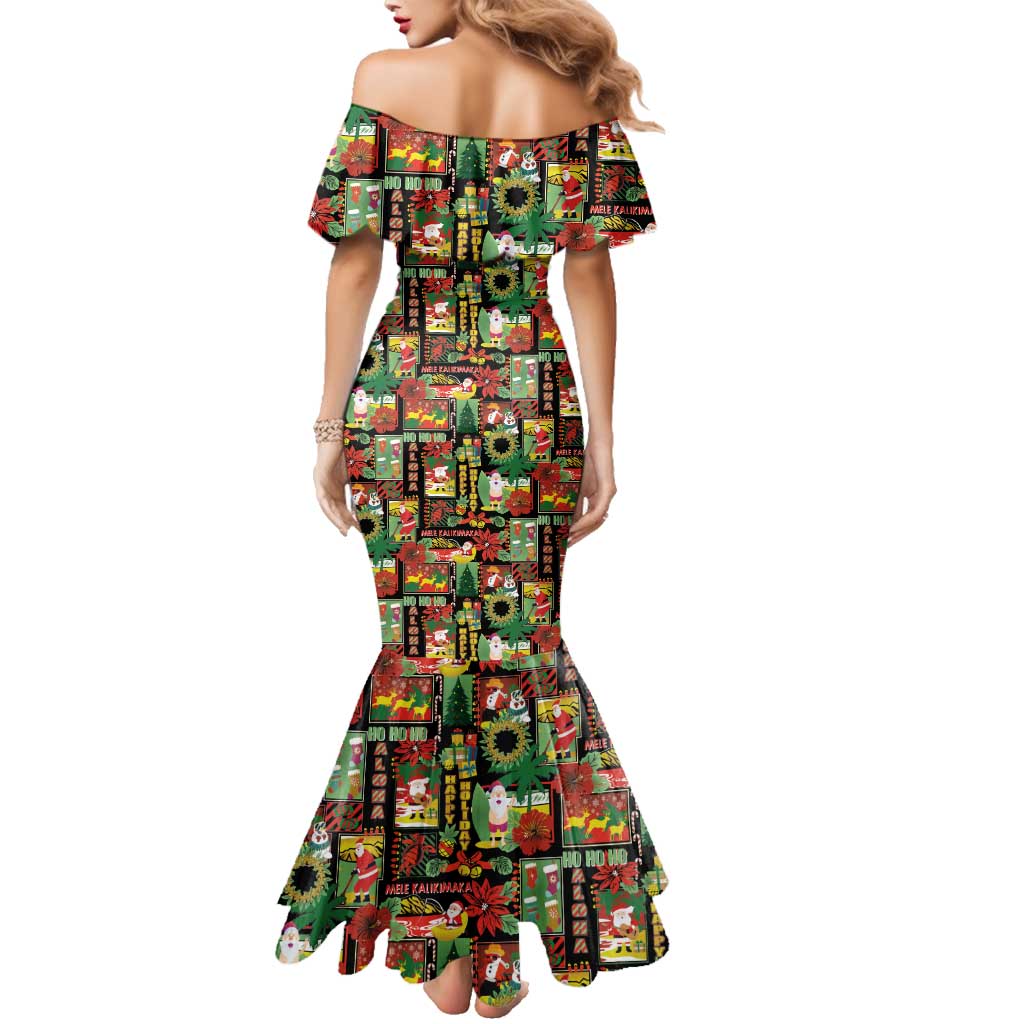 Hawaiian Santa Christmas Pattern Family Matching Mermaid Dress and Hawaiian Shirt Black Version - Polynesian Pride