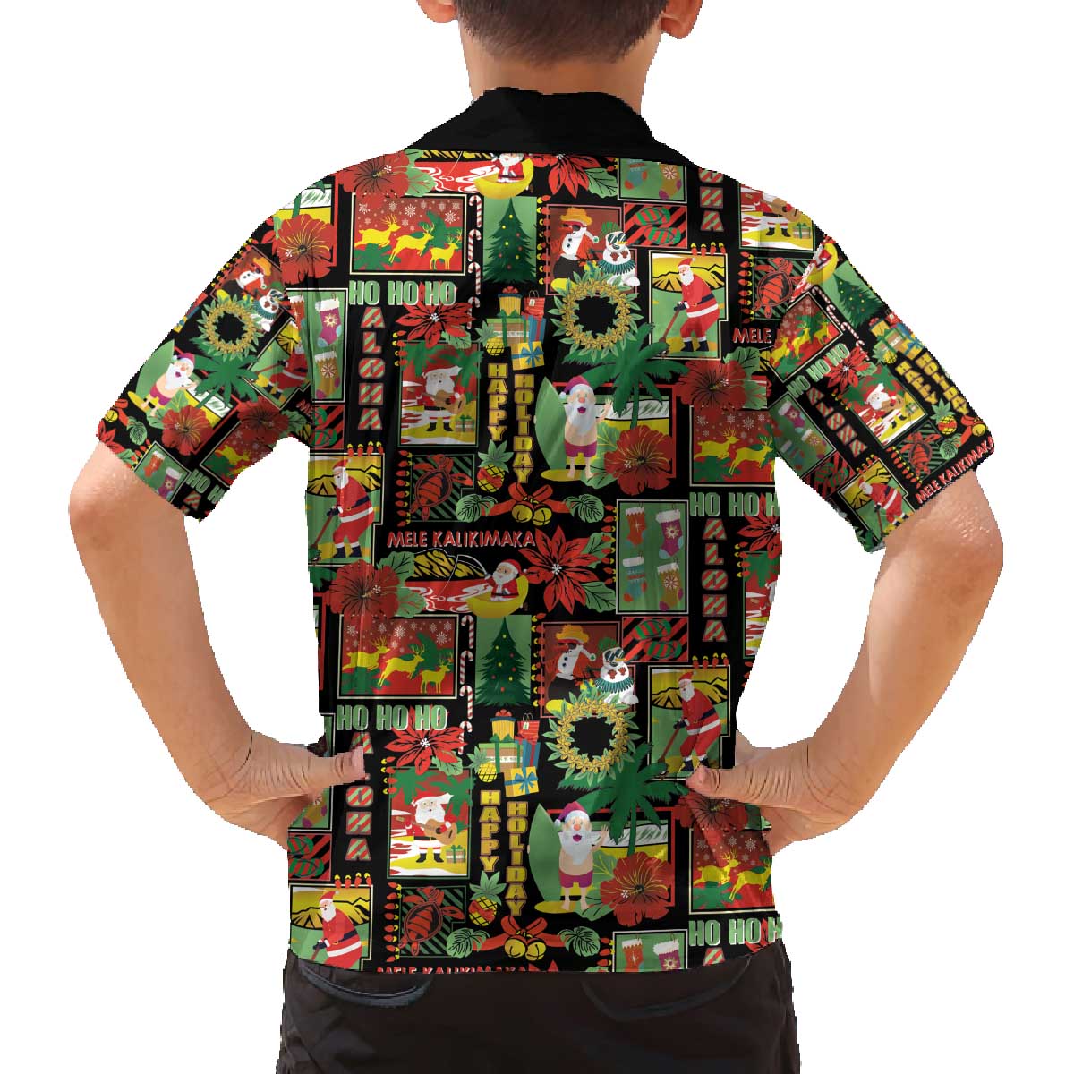 Hawaiian Santa Christmas Pattern Family Matching Off The Shoulder Long Sleeve Dress and Hawaiian Shirt Black Version - Polynesian Pride