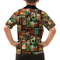 Hawaiian Santa Christmas Pattern Family Matching Off The Shoulder Long Sleeve Dress and Hawaiian Shirt Black Version - Polynesian Pride