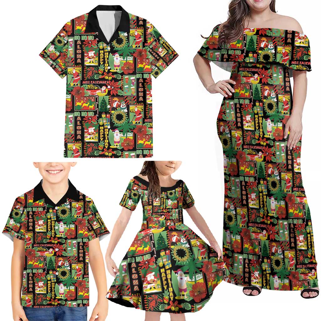 Hawaiian Santa Christmas Pattern Family Matching Off Shoulder Maxi Dress and Hawaiian Shirt Black Version LT01 - Polynesian Pride
