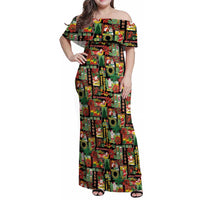 Hawaiian Santa Christmas Pattern Family Matching Off Shoulder Maxi Dress and Hawaiian Shirt Black Version LT01 Mom's Dress Red - Polynesian Pride