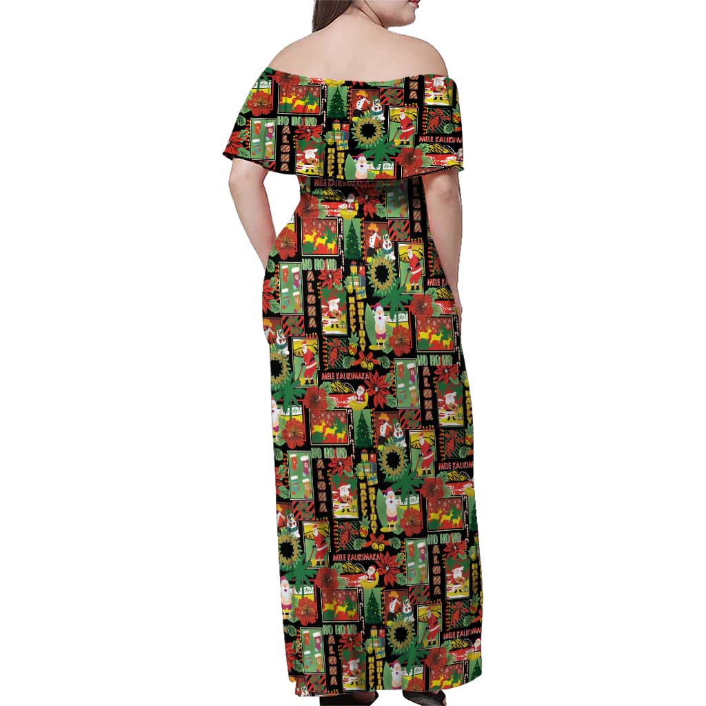 Hawaiian Santa Christmas Pattern Family Matching Off Shoulder Maxi Dress and Hawaiian Shirt Black Version LT01 - Polynesian Pride
