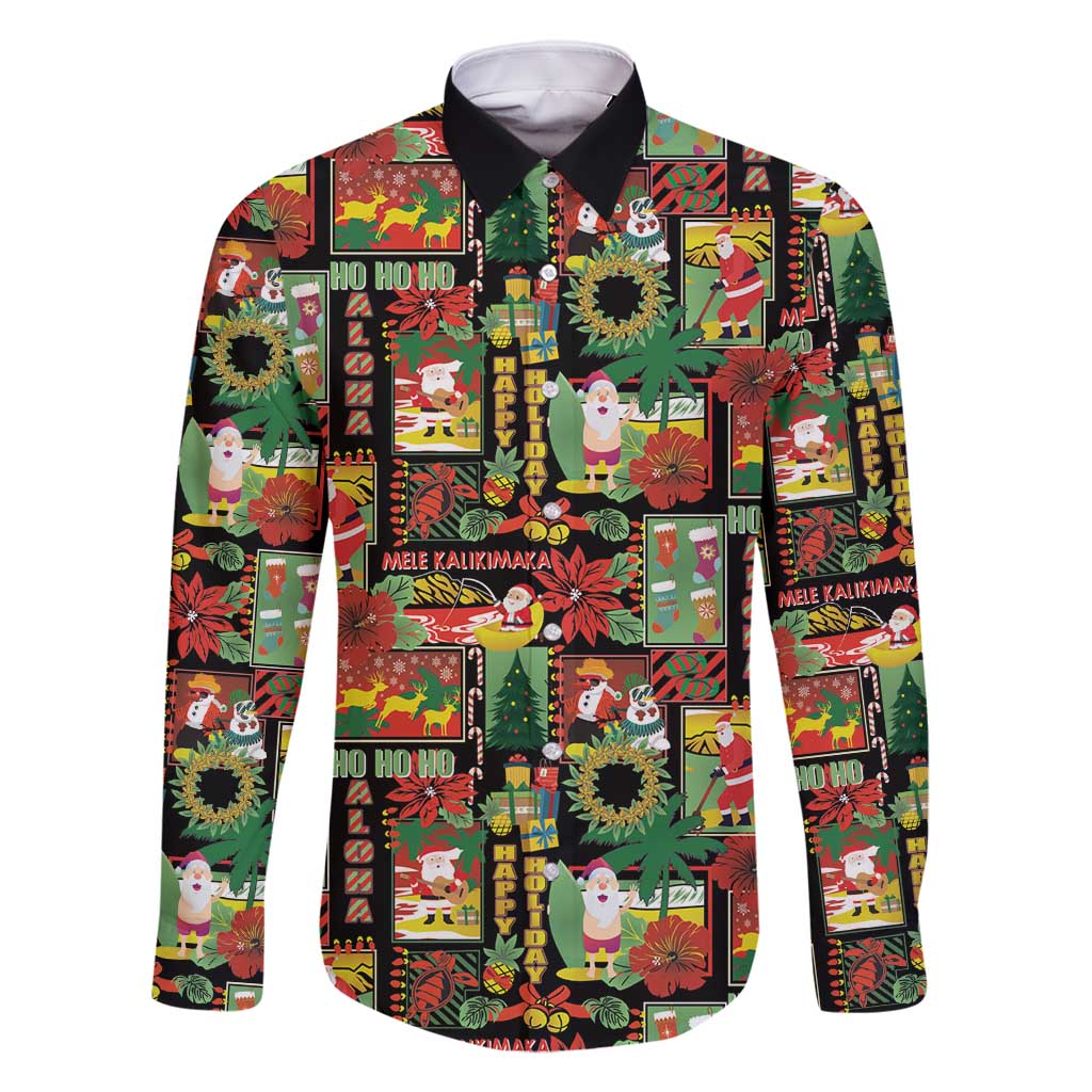 Hawaiian Santa Christmas Pattern Family Matching Off Shoulder Short Dress and Hawaiian Shirt Black Version - Polynesian Pride