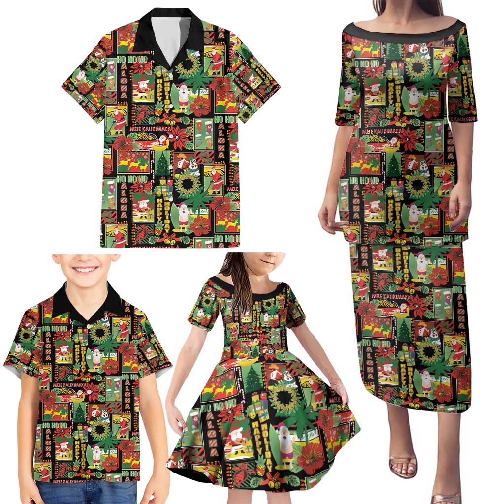 Hawaiian Santa Christmas Pattern Family Matching Puletasi and Hawaiian Shirt Black Version - Polynesian Pride