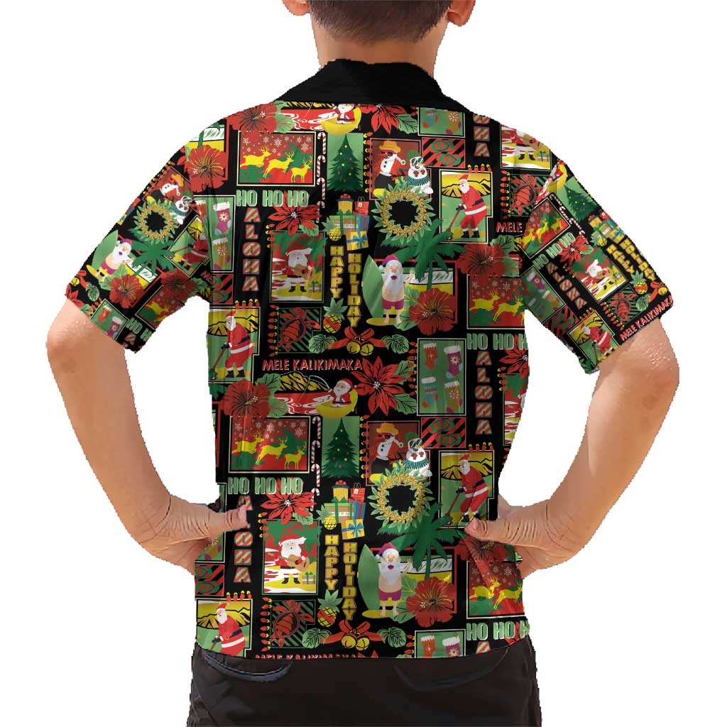 Hawaiian Santa Christmas Pattern Family Matching Short Sleeve Bodycon Dress and Hawaiian Shirt Black Version - Polynesian Pride