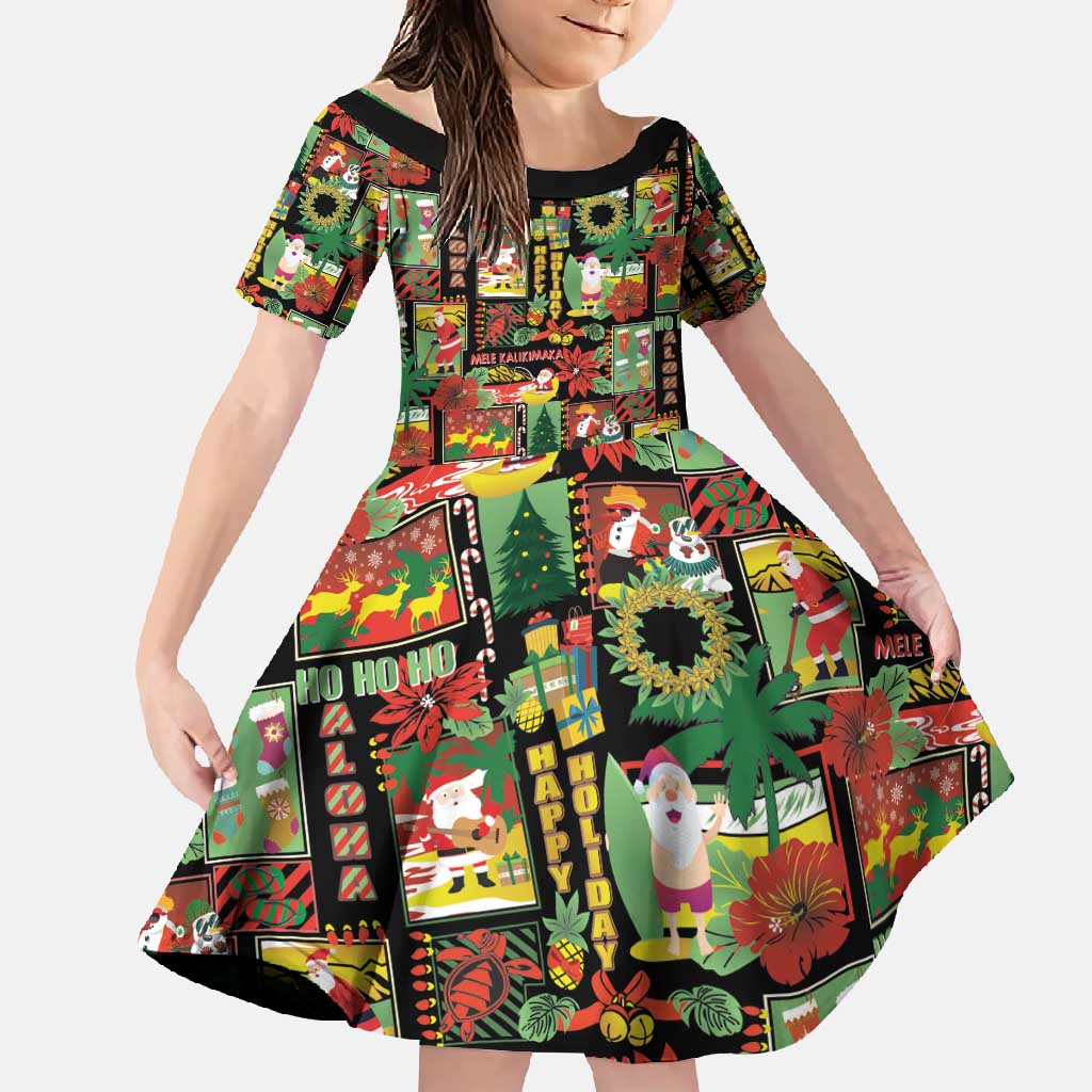 Hawaiian Santa Christmas Pattern Family Matching Summer Maxi Dress and Hawaiian Shirt Black Version - Polynesian Pride