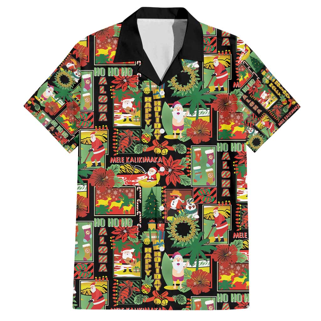 Hawaiian Santa Christmas Pattern Family Matching Tank Maxi Dress and Hawaiian Shirt Black Version - Polynesian Pride