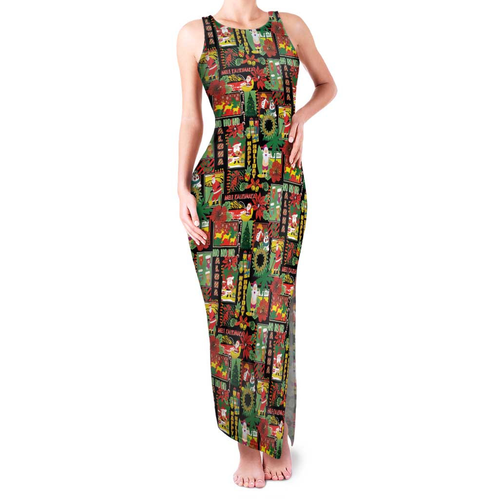 Hawaiian Santa Christmas Pattern Family Matching Tank Maxi Dress and Hawaiian Shirt Black Version - Polynesian Pride