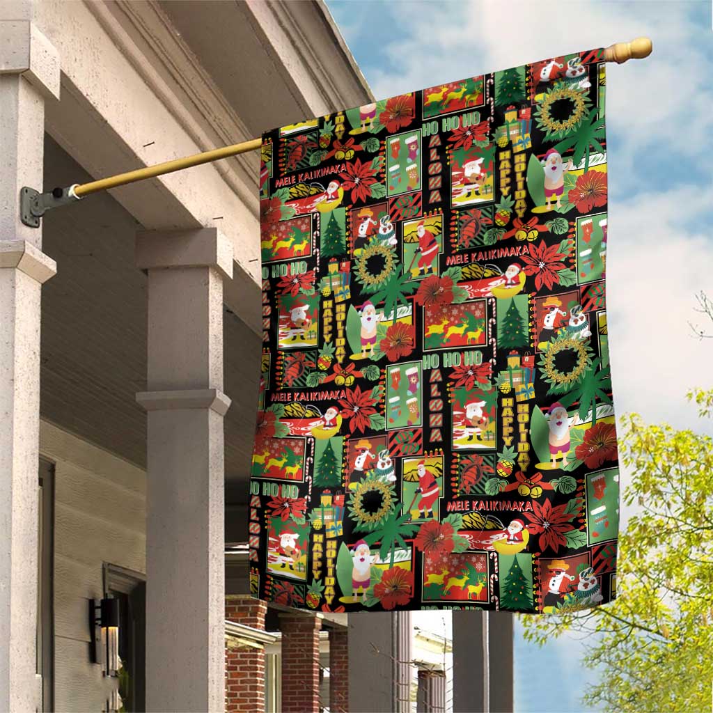 Hawaiian Santa Christmas Pattern Garden Flag Black Version - Polynesian Pride