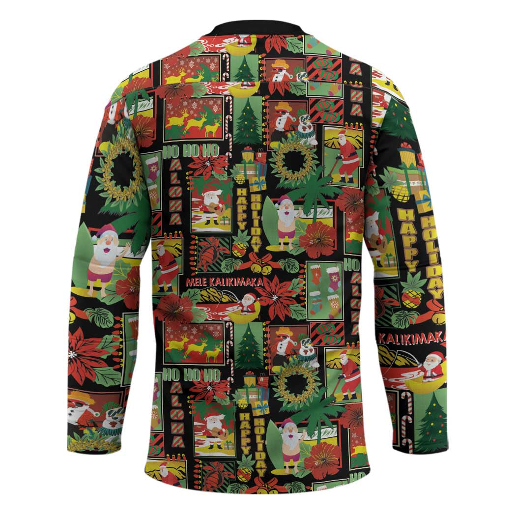 Hawaiian Santa Christmas Pattern Hockey Jersey Black Version - Polynesian Pride