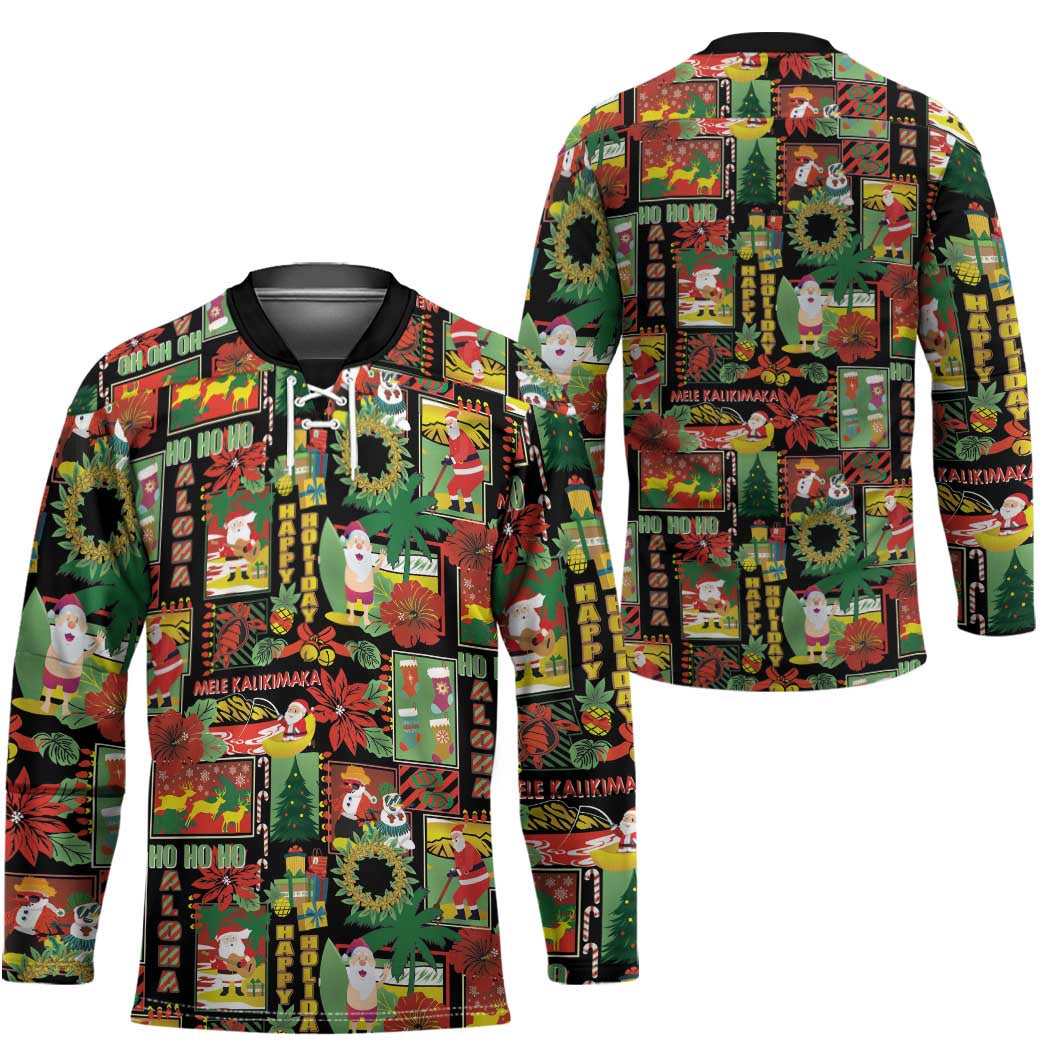 Hawaiian Santa Christmas Pattern Hockey Jersey Black Version - Polynesian Pride