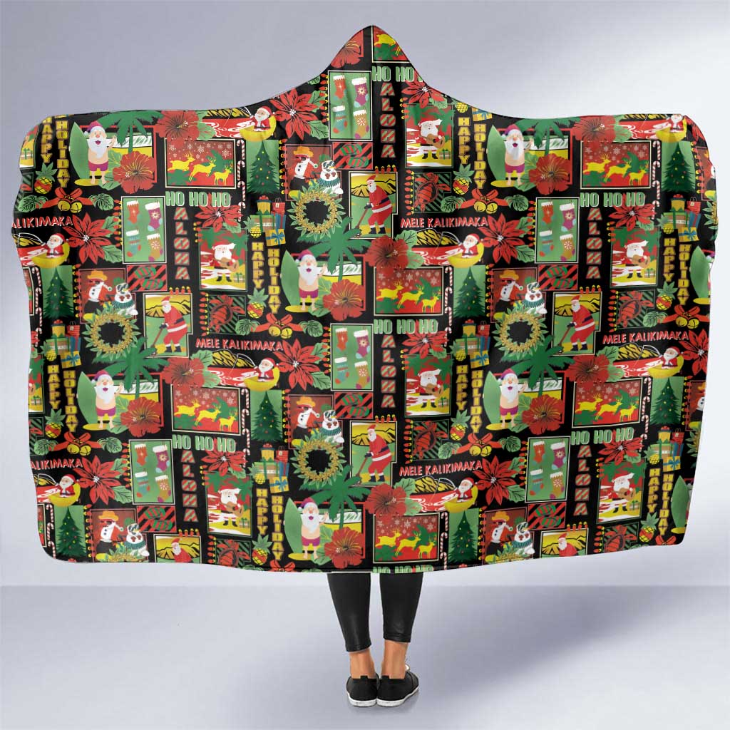 Hawaiian Santa Christmas Pattern Hooded Blanket Black Version LT01 One Size Red - Polynesian Pride