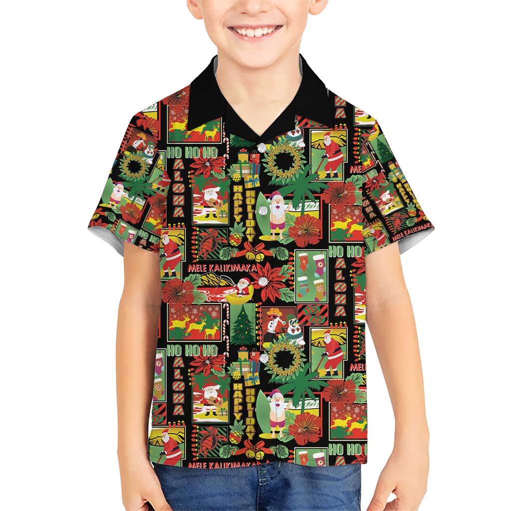 Hawaiian Santa Christmas Pattern Kid Hawaiian Shirt Black Version - Polynesian Pride