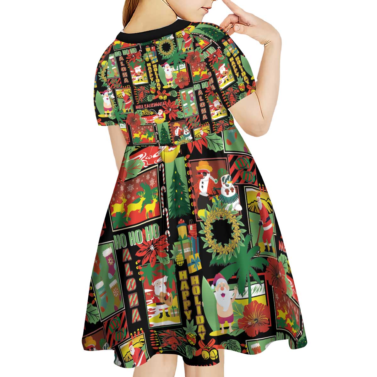 Hawaiian Santa Christmas Pattern Kid Short Sleeve Dress Black Version - Polynesian Pride
