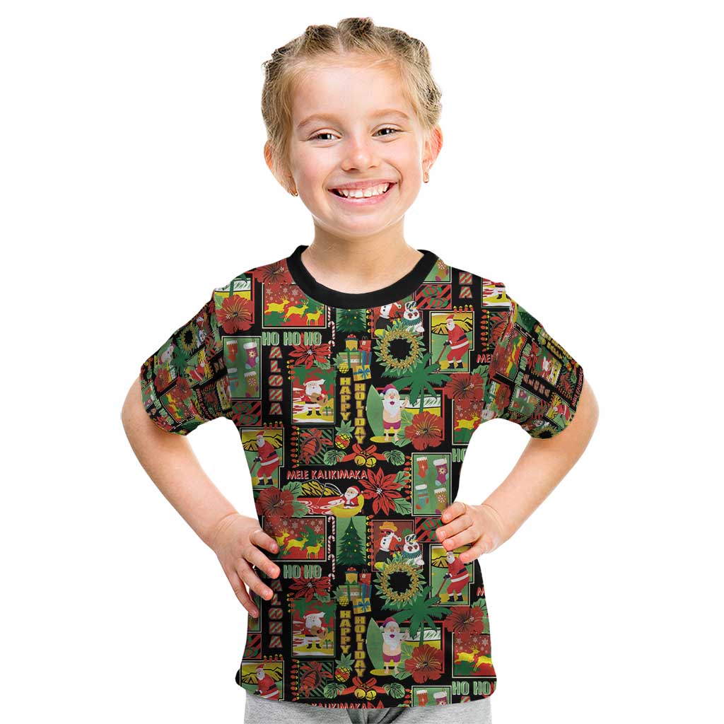 Hawaiian Santa Christmas Pattern Kid T Shirt Black Version - Polynesian Pride