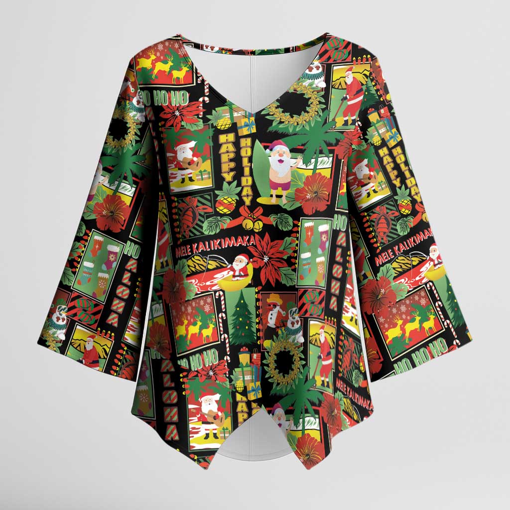 Hawaiian Santa Christmas Pattern Kimono Sleeve Blouse Black Version LT01 Female Red - Polynesian Pride