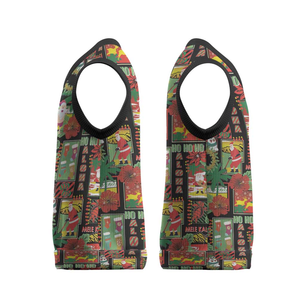Hawaiian Santa Christmas Pattern Christmas Knitted V-Neck Vest Black Version - Polynesian Pride