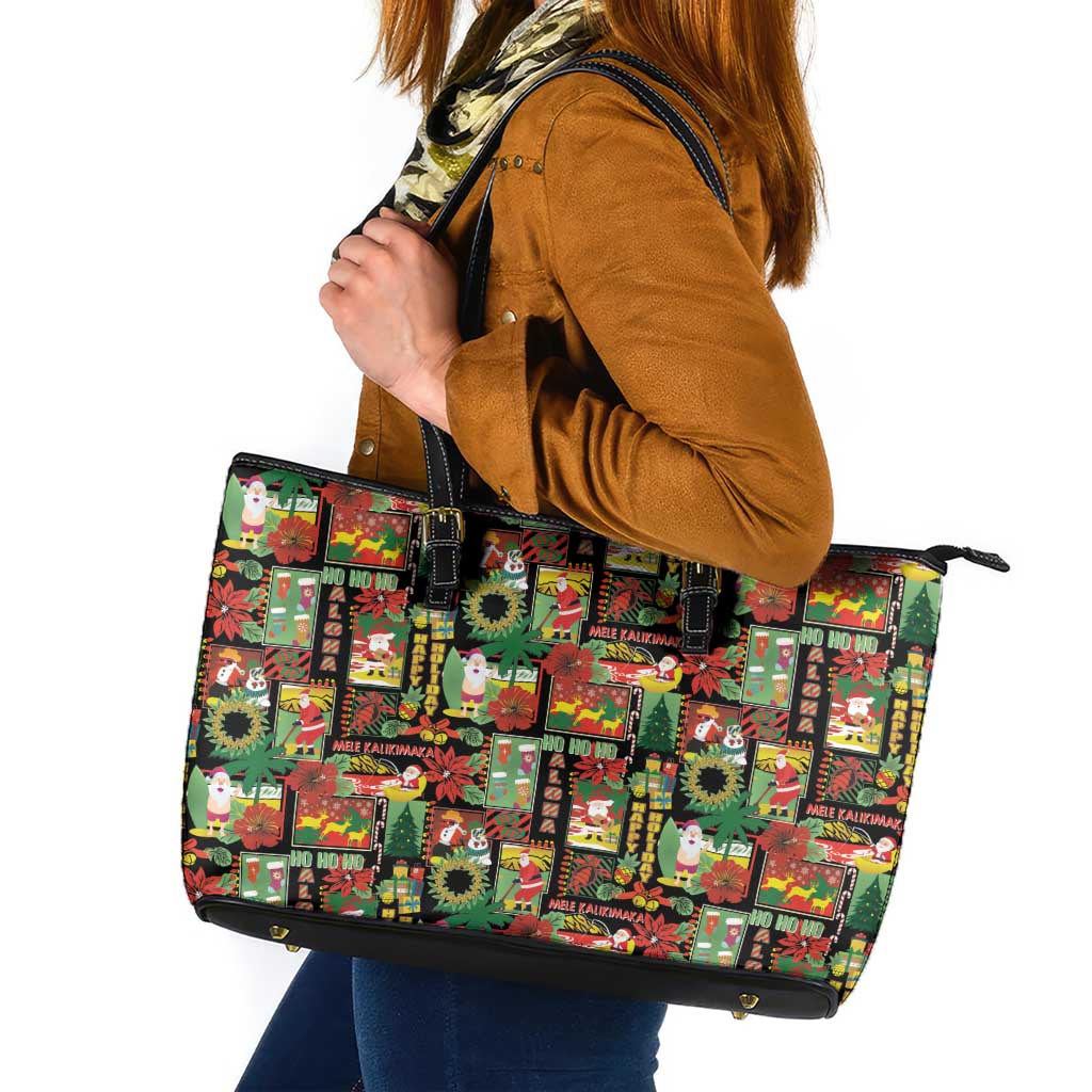 Hawaiian Santa Christmas Pattern Leather Tote Bag Black Version - Polynesian Pride